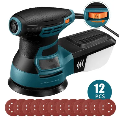 Image de Excentriqueuse orbitale - Ponceuse orbitale aléatoire - 350 W - Réglage de la vitesse en 6 étapes - 13 000 tr/min - Plateau de ponçage de 125 mm - 12 disques de ponçage - Bleu