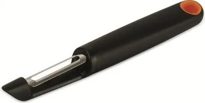 A Fiskars FF peeler with a black handle and an orange end cap is shown against a white background.