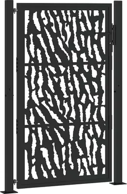 A black metal garden gate with a decorative cutout pattern.