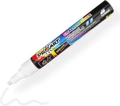 A white chalk marker with colorful branding and a white chalk line drawn from its tip.