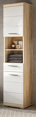 Produktbild von Bad Hochschrank "Mambo" in weiß Hochglanz und Sonoma Eiche Badschrank 37 x 191 cm