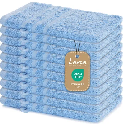Produktbild von Lavea® 10er Set Waschhandschuh 15x21 cm – Saugstark Weich aus 100% Baumwolle, Frottierserie Elena – Waschbar und Strapazierfähig – Delphinblau