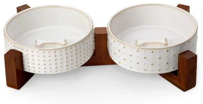 Image de Ensemble de gamelles pour chien avec support en bois de noyer - 1,5 tasse en céramique