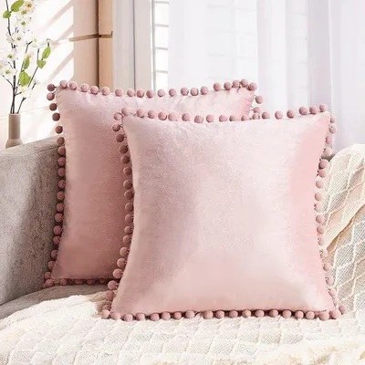 Produktbild von Samtbezüge für Kissen mit Pompons, einfarbig, dekorativ, als Kopfkissen, Sitzkissen, für Sofas, Schlafzimmer, Büro, Auto