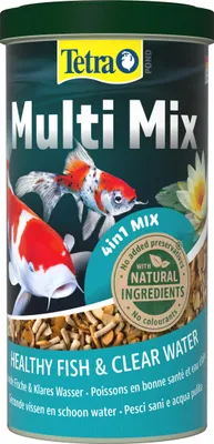 Produktbild von Tetra Pond Multi Mix - Fischfutter für gemischten Besatz im Teich, enthält vier verschiedenen Futtersorten (Flockenfutter, Futtersticks, Gammarus, Wafer), 1 L Dose