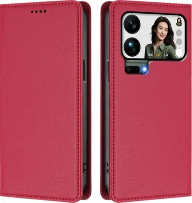 Image de Etui en cuir pour Xiaomi 17 Pro Max, étui magnétique en cuirPolyuréthaneavec support Rouge