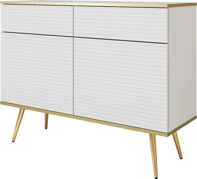 Obrázek produktu pro Komoda, Banff KSZ107 MDF - Bílá - Zlaté nohy - Drážkovaná čela - 2 zásuvky - Šířka 107 cm, Výška 85 cm, Hloubka 39 cm