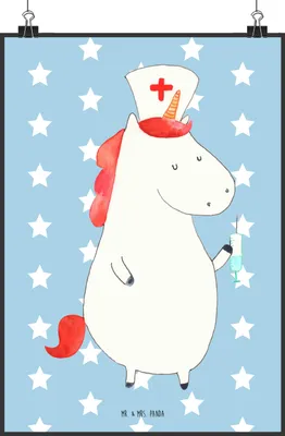 Produktbild von Mr. & Mrs. Panda Bild Einhorn Krankenschwester DIN A2 - Blau Pastell - Geschenk, Kunstdruck, drucke, Ärztin, Krankenpfleger, Plakat, wanddeko, Krankenpflegerin, Unicorn