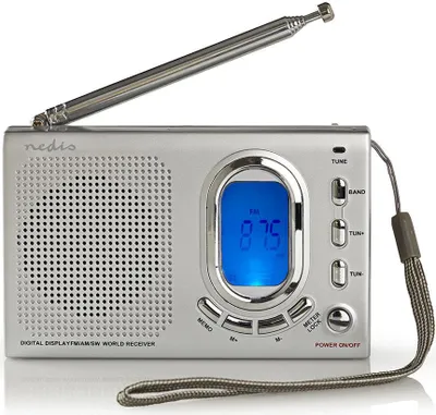 Produktbild von Nedis Weltradio - Tragbare Ausführung - AM / FM / SW - Batteriebetrieben / Netzstromversorgung - Digital - 1.5 W - Kopfhörerausgang - Weckerfunktion - Sleep Timer - Grau