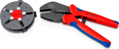 A crimping tool and a circular attachment are displayed on a white background.