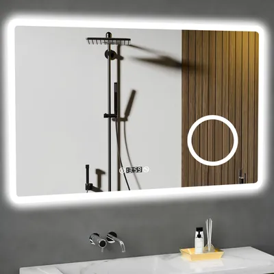 Produktbild von GIMBELEN LED Badezimmer Spiegel mit Uhr, 3 Lichtfarben, Dimmbar, 3-facher Vergrößerung, Anti-Beschlag, Speicherfunktion, IP44 wasserdicht, 100 x 60 cm