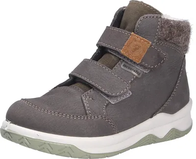 A single gray child's boot is shown against a white background.