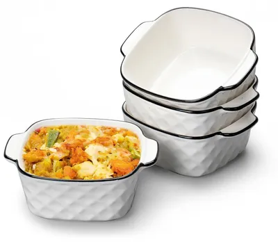 Image de Moules à gratin en céramique, lot de 4, carrés, petits, 14,4 x 12 x 5,6 cm, blanc et noir