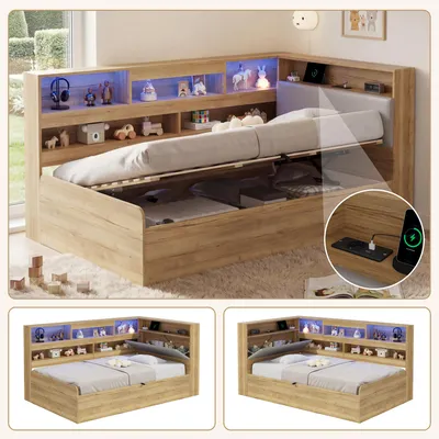Produktbild von Daybett 90x200 cm, Holz natur, Hydraulik mit Stauraum, USB & LED, für Kinder & Jugendliche