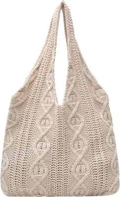 Zdjęcie produktu dla Torba plażowa z haftowanym wzorem, letni styl retro dla kobiet, duża pojemność, fason typu hobo idealny na podróże i wakacje, kolor beżowy