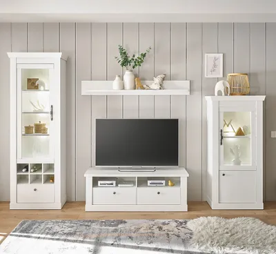 Produktbild von Wohnwand in Pinie weiß mit LED-Beleuchtung, 4-teilig, Landhaus-Stil - RAPLA-61