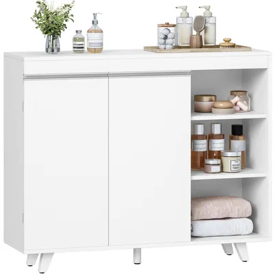 Image de Armoire de salle de bain avec 2 portes, 3 étagères ouvertes, dimensions : 30 x 100 x 82 cm, couleur : blanc
