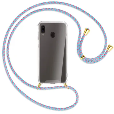Produktbild von Handykette Backcover-Schutzhülle mit Band (Metall goldfarben) für Samsung Galaxy A20e - pink/mint