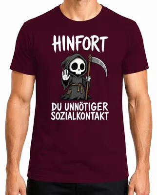 Productafbeelding van Hinfort T-shirt voor heren, bordeauxrood, maat XXL, met de tekst: "Onnodig sociaal contact", "Sensenmann" (dood), "Statement", "Sarcasme"