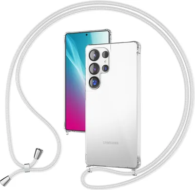 A clear phone case with a lanyard is shown with a smartphone inside.