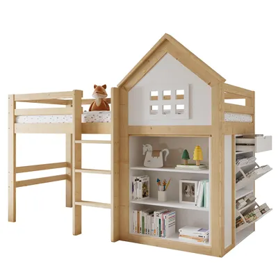 Produktbild von Hochbett mit Bücherregal, Stauraum, Lattenrost und Leiter, 90x200 cm, Schrank mit 2 Klappen und 1 Schublade, Kinderbett mit Rausfallschutz, Kiefer