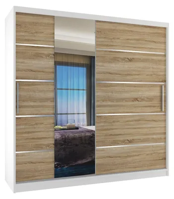 Produktbild von BELINI Verona MBP Schiebetürenschrank 200 cm Weiß/Sonoma Eiche Matt - Kleiderschrank mit Spiegel & 2 Schubladen, Schlafzimmer
