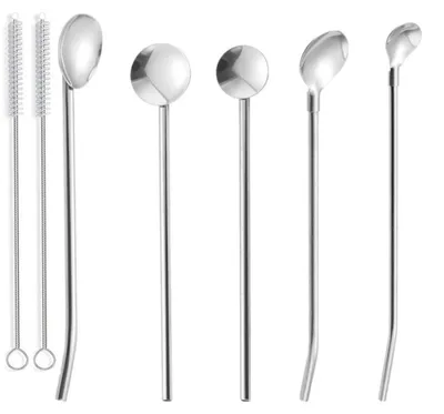 5 Edelstahl-Löffelstrohhalme, 2-in-1, mit 2 Reinigungsbürsten