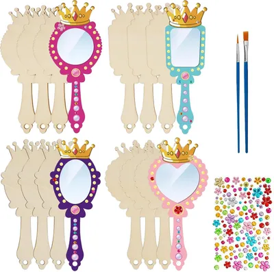 Produktbild von 12 Stücke DIY Holzspiegel, Handwerk Holz Prinzessin Spiegel, Holzspiegel Handwerk für Kinder, Prinzessin Kosmetikspiegel, Holzspiegel zum Bemalen für DIY Kinder Malen,Kinder Geschenk Party