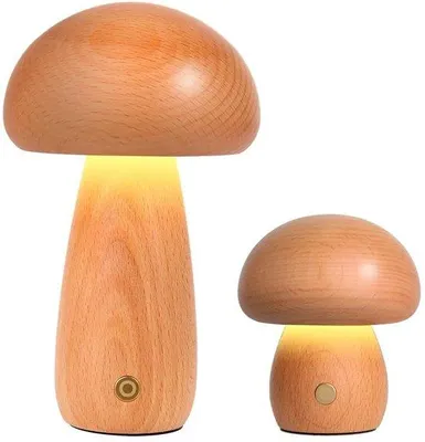 Produktbild von LED-Nachtlampe, Holz-Nachtlampe (Set von 2, groß + klein), Pilz-Form-Nachtlampe für Kinder, drahtlose USB-Nachtlampe für Babys