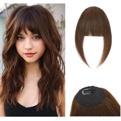 Image de Frange clip-on en cheveux naturels, courbée, couleur châtain moyen, poids 14g