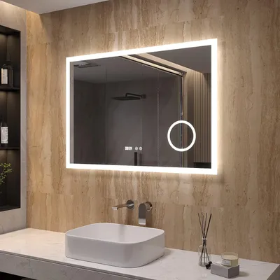 Produktbild von AQUABATOS® 100x70 cm Badspiegel mit Beleuchtung badezimmerspiegel Lichtspiegel LED Wandspiegel, Touch-Schalter Dimmbar + Kaltweiß 6400K + Schminkspiegel + Anti-beschlag + Digital Uhr