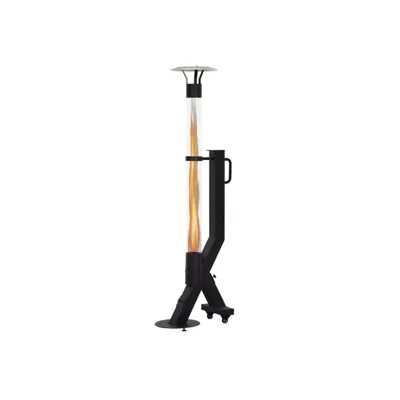 A black outdoor heater with a visible flame inside a glass tube, set against a white background.