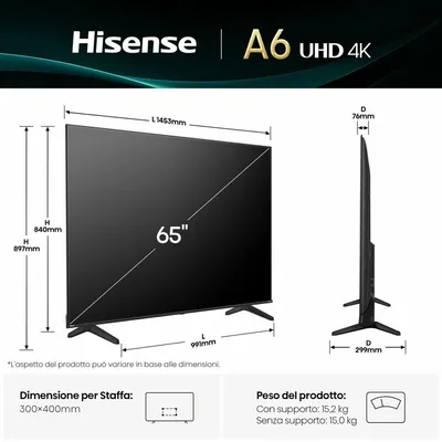 Produktbild von Hisense 65" A6Q, 4K Ultra HD 3840x2160, DLED, DFA, Präzisionsfarbe, HDR 10+, HLG, Dolby Vision, DTS Virtual X, Smart TV, WiFi, BT, Lichtsensor, Spielmodus, 1xHDMI2 eArc, 3xHDMI, 2xUSB, LAN, CI+, DVB-T2/C/S2, schwarz