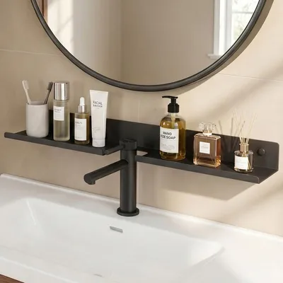 Produktbild von doporro Waschbecken Ablage 60 cm über dem Wasserhahn, Badezimmer Regal Montage mit oder ohne Bohren, Waschbecken-Wasserhahn-Organizer, Grau Reglo-17