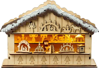 Produktbild von Saico LED-Weihnachtsmarkthütte mit Timer batteriebetrieben Holz 27 cm warmweiß natur