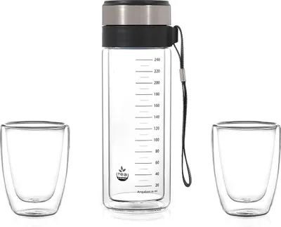Produktbild von tea4chill Matchashaker / MATCHA2go / Teeflasche mit Sieb / Thermosflasche / Trinkflasche Glas 280ml, doppelwandiges Glas, inklusive 2 Teegläser je 100ml