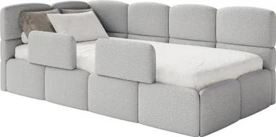 Produktbild von Selsey Cloudy – Kinderbett 120x200, Kopfteil links, Matratze & Bettkasten, Bouclé Hellgrau