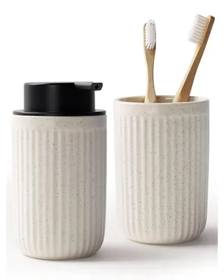 Immagine prodotto di Dispenser per sapone in Vetroceramica, ricaricabile, capacità 350 ml, con portaspazzolino, color beige