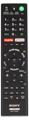 A black remote control with various buttons and labels.