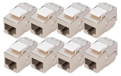 Produktbild von Digitus CAT 6A Kompakt-Keystone Modul, geschirmt, werkzeugfreier Montageanschluss. 8 Stk., Flach, Silber, RJ-45, Buchse, 10GBase-T, Nickel/Gold