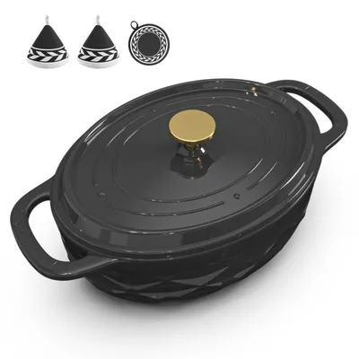 Image de Casserole en fonte (7,1 litres), forme ovale, incluant des gants de four et un tapis résistant à la chaleur, idéale pour la cuisson au four en cuisine, de couleur noire