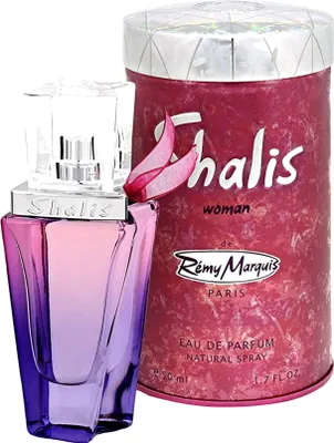 A perfume bottle and its packaging are displayed against a white background.