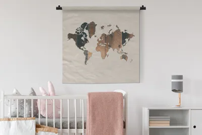 Produktbild von MuchoWow® Wandteppich Wandbehang Weltkarte - Braun - Holz 90x90 cm Tapisserie Dekoration Wandtuch - Wandaufhänger