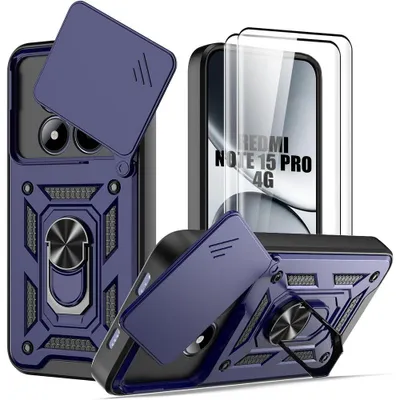 Image de Coque + 2 Verres Trempés pour Xiaomi Redmi Note 15 Pro 4G, avec Protection Caméra - Bleu Marine