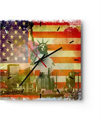 Produktbild von Wanduhr - Quadrat - Glasuhr - Symbol USA Freiheit - 40x40cm - Schleichendes Uhrwerk - Lautlos - zum Aufhängen bereit - Dekoration Modern - Wanddekoration aus Glas - C3AC40x40-2543