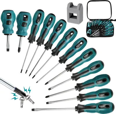 Produktbild von 12-teiliges Magnetisches Schraubenzieher Set – Philips, Schlitz, Torx Schraubendreher mit Magnetisierer, Profi Reparaturwerkzeug