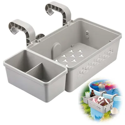 A gray plastic pool organizer with hooks for hanging on the side of a pool. It has multiple compartments and a perforated base. A smaller inset image shows the organizer in use, holding drinks and pool toys.