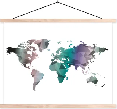 Produktbild von MuchoWow® Textilposter Weltkarte - Dreieck - Farben 40x30 cm mit holzfarbenen Rahmen - Bilder