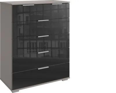 Produktbild von Hochkommode >Easy Plus< 6 Schubladen, SAHARAGRAU + GLAS SCHWARZ - 82x102x42cm (BxHxT)