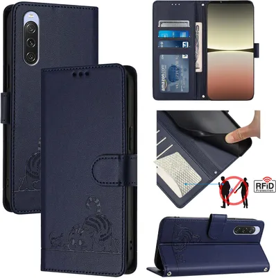 Produktbild von Leder Hülle für Sony Xperia 10 V Süße Katze Flip Case Brieftasche Schutzhülle mit Standfunktion Blau
